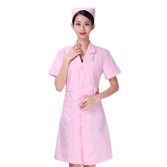 Rosa Uniforme de manga corta Esteticista Enfermería Abrigo blanco Algodón Ropa de hospital Ropa Cuello en V Traje de trabajo Traje de moda Abrigo de farmacia sin sombrero y pantalón - Talla M