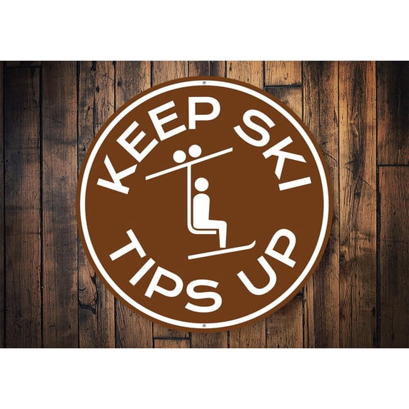Ski Tips Up Circle Novelty Sign, Metal Wall Decor - 12" Round
