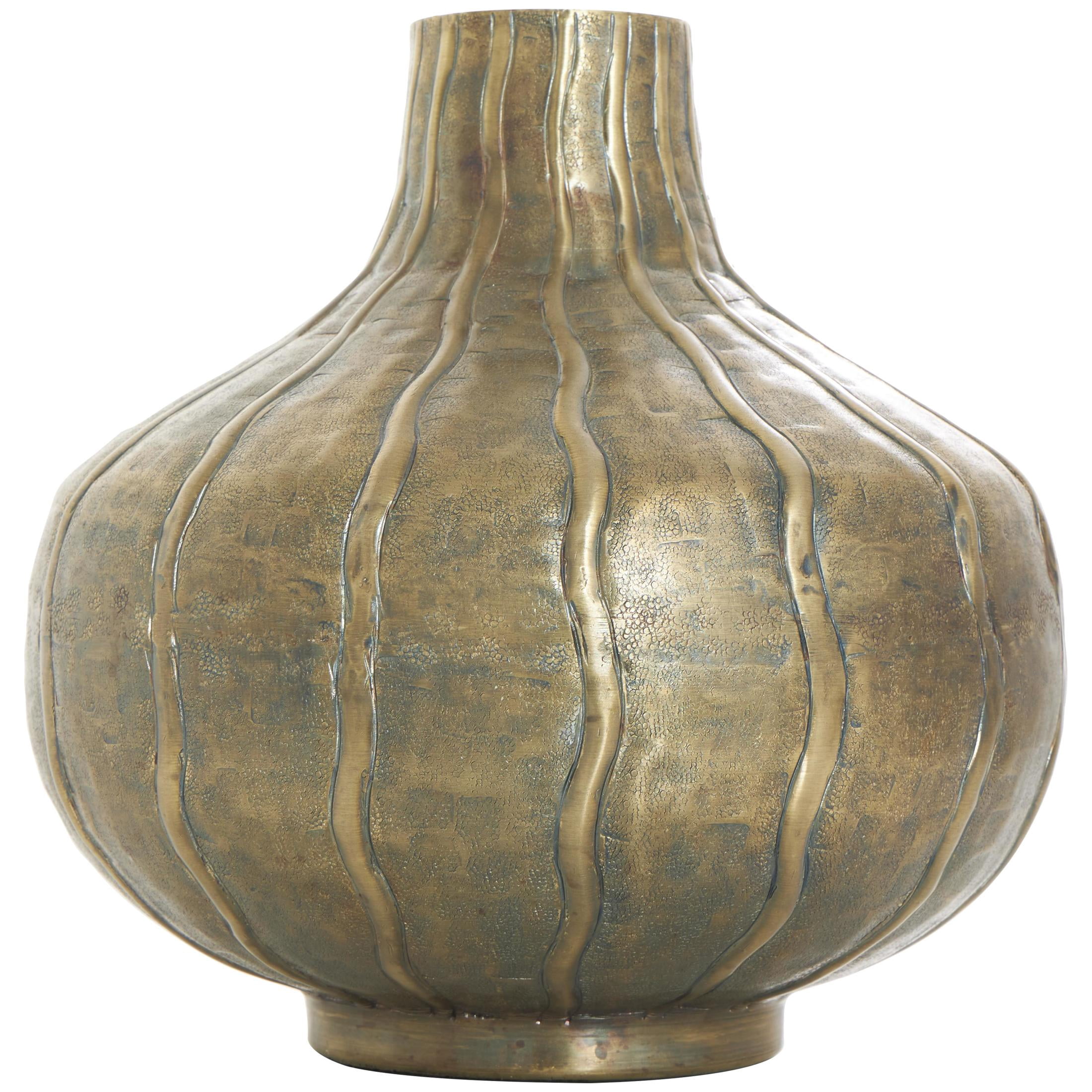 DecMode 13" Wide Snakeskin Inspired Brass Metal Vase with Dimensional Wavy Accents