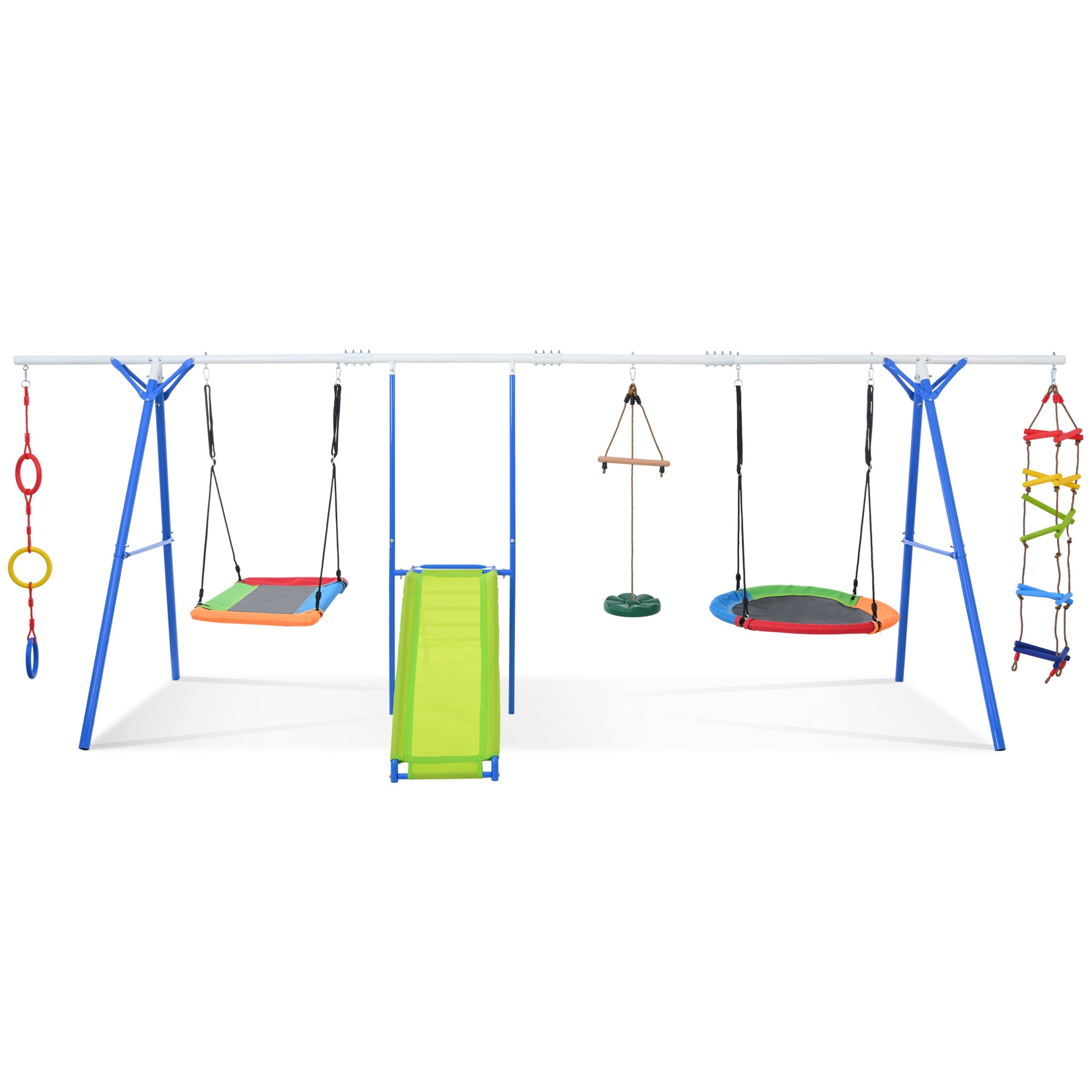 Aukfa 7 in 1 Kids Swing Set with Slide, Heavy-Duty Metal Playset with Climbing for Backyard, Blue