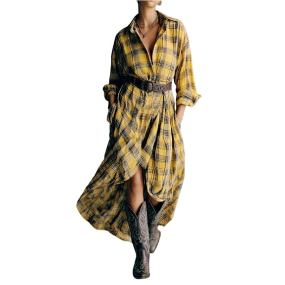 Stichou Women's Plaid Shirt Dress 2026 Lapel Collared Asymmetrical Maxi Dress Casual Long Sleeve Loose Fit Flowy Dresses Yellow XL