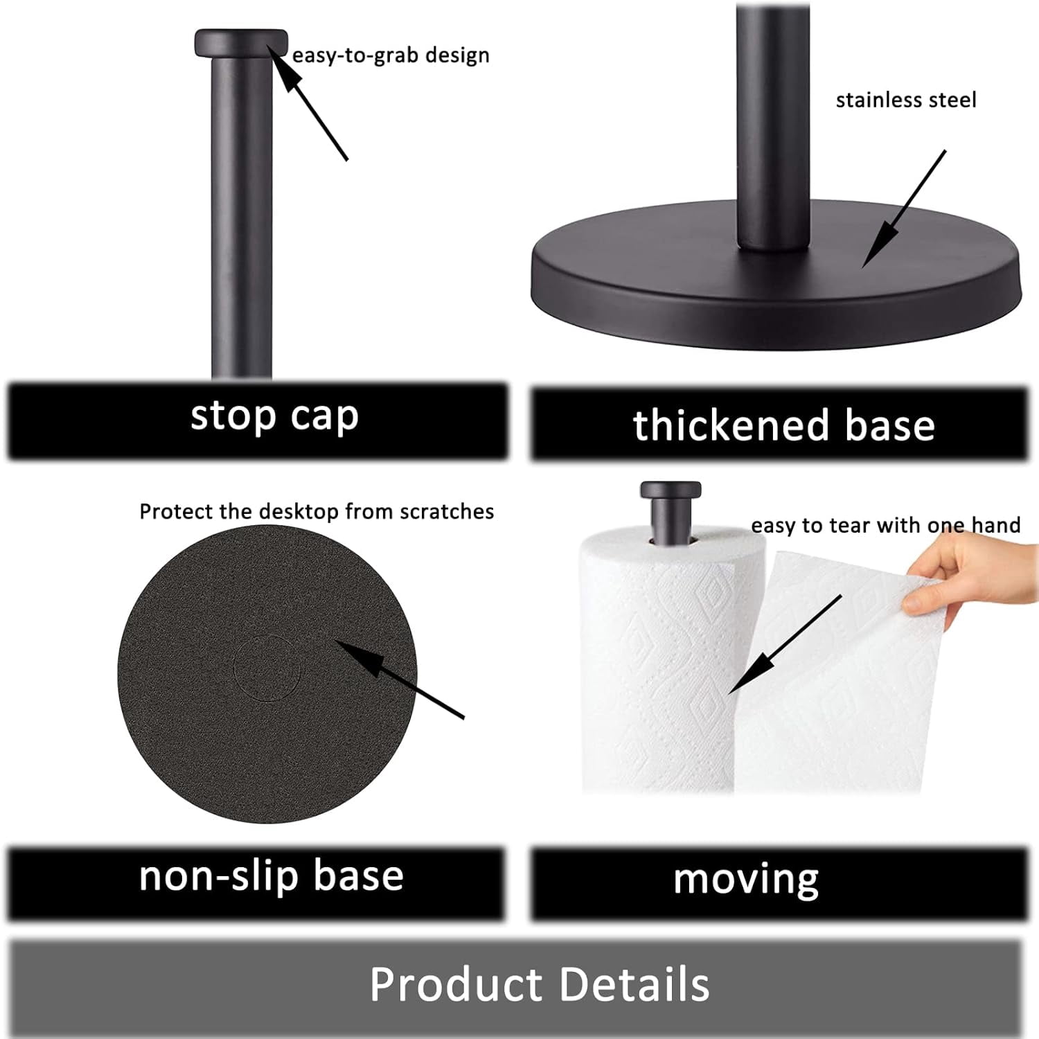 RGHJAR-Black Standing Paper Towel Holder for Kitchen& Bathroom Countertop,Under Counter, Table Or BBQ, Standard or Jumbo-Sized Roll Paper (with Stainless Steel Base)