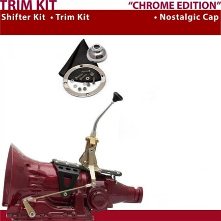 American Shifter TH400 Shifter Kit 8 in. Trim Kit Chrome Push Button Cap Black Boot Ringed Knob for D61A2