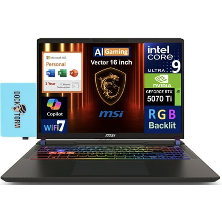 MSI Vector AI Gaming Laptop 16.0in 240Hz WQXGA Display (Intel Ultra 9- 275HX, NVIDIA GeForce RTX 5070 Ti 12GB, 32GB DDR5, Win 11 Pro) w/Microsoft 365 Personal , DKZ USB Port Expander
