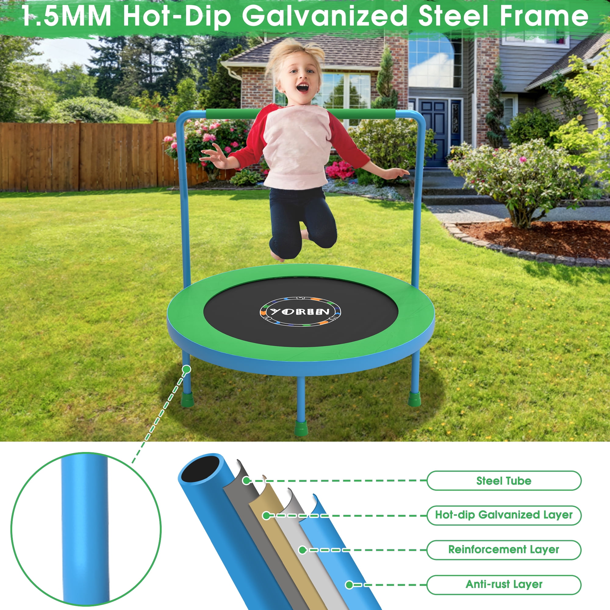 YORIN 36" Trampoline for Kids, 3FT Mini Indoor/Outdoor Foldable Toddler Trampoline with Adjustable Foam Handle, Small Rebounder Fitness Trampoline with No-Gap Padded Cover, Gift for Baby