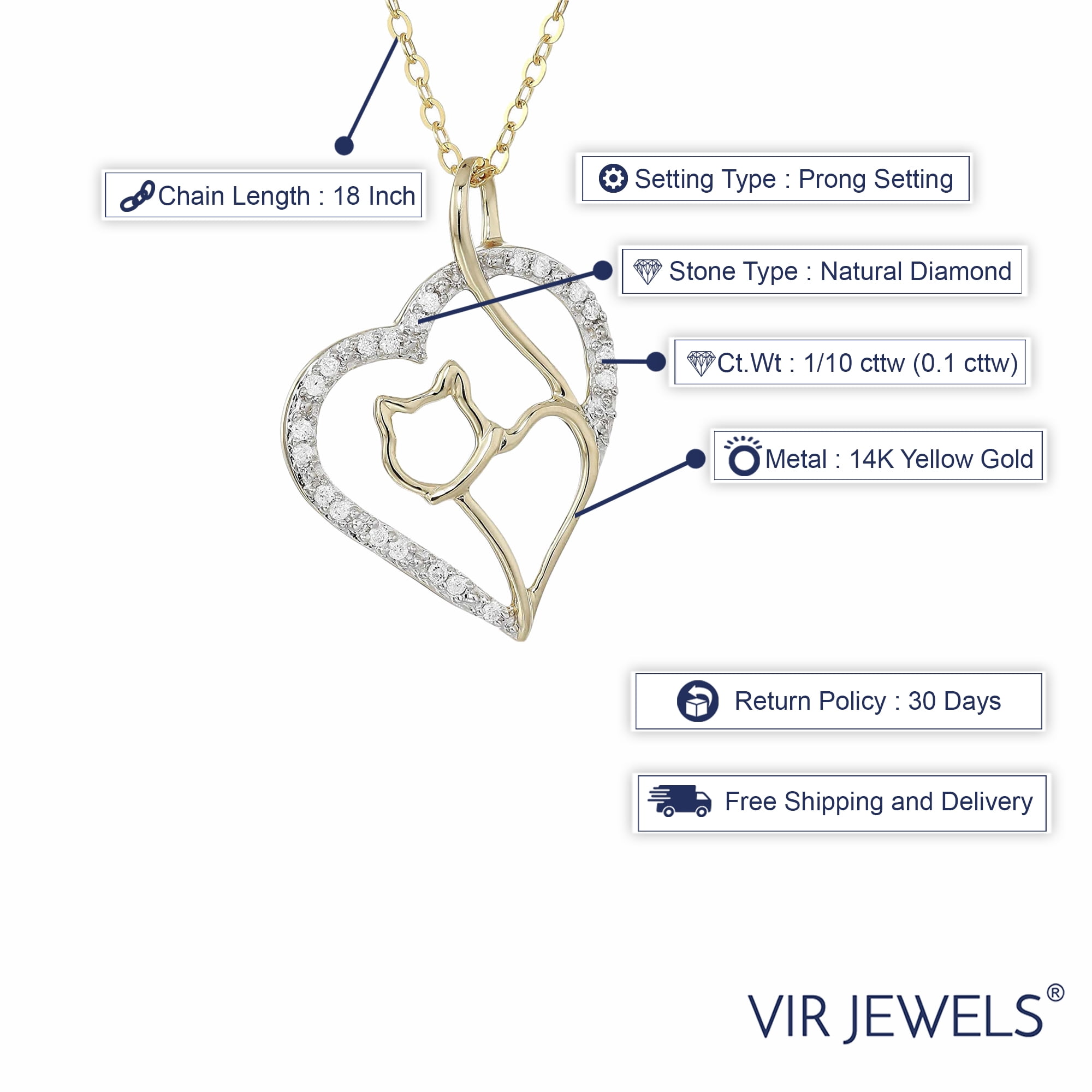Vir Jewels 1/10 cttw Diamond Pendant, Diamond Cat and Heart Pendant Necklace for Women in 14K Gold with 18 Inch Chain, Prong Setting For Female Adult