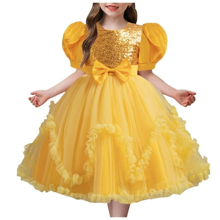 PEASKJP Floral Dress for Girls Girls Sequin Party Dress Kids Fancy Formal Prom Sparkly Pageant Graduation Spring Summer Dresses Yellow 8-9 Years