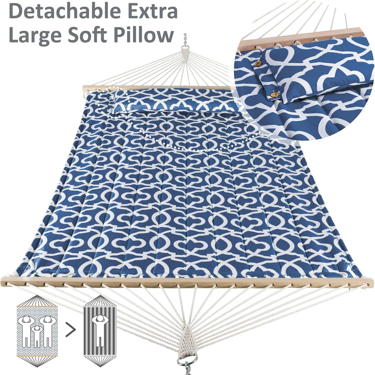 SUNCREAT Polyster Two Person Hammock with 12 ft. Stand, 475 lbs Capacity, 44.1” (H), Blue Pattern