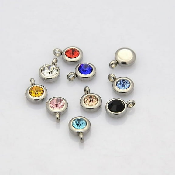 10pcs Crystal Birthstone Charms - 304 Stainless Steel Round Crystal Mixed Color Rhinestone Flat Round Pendants for Making Jewelry Necklace 9x6.5x4mm Hole: 2mm