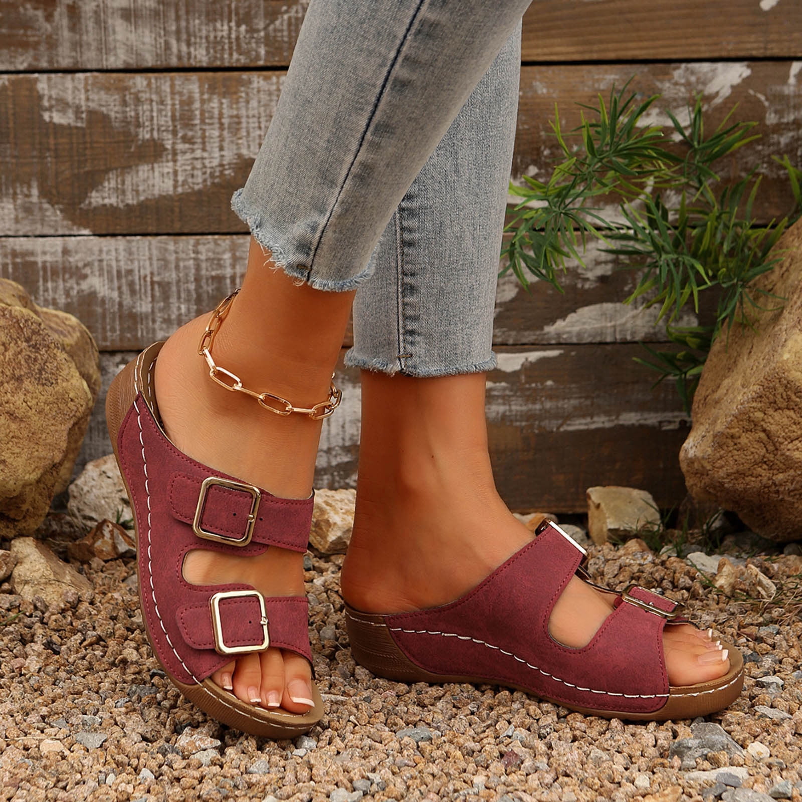 MLCDZ Summer Sandals for Women Orthopedic Wedge Shoes Comfortable Walking Slides Plantar Fasciitis Sandals with Arch Support Anti-Slip Beach Sandals Breathable Red 38