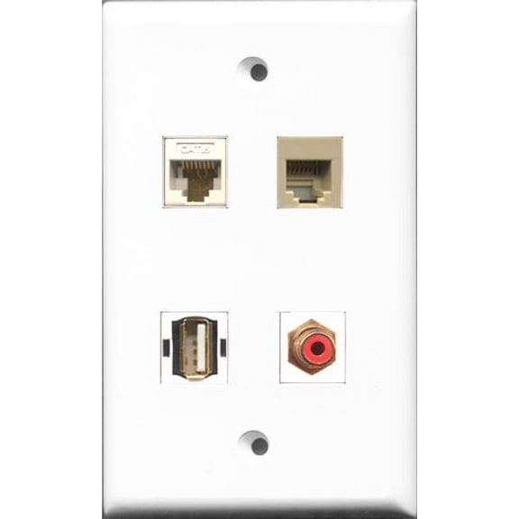 RiteAV 1 Port RCA Red and 1 Port USB A-A and 1 Port Phone RJ11 RJ12 Beige and 1 Port Cat6 Ethernet White Wall Plate