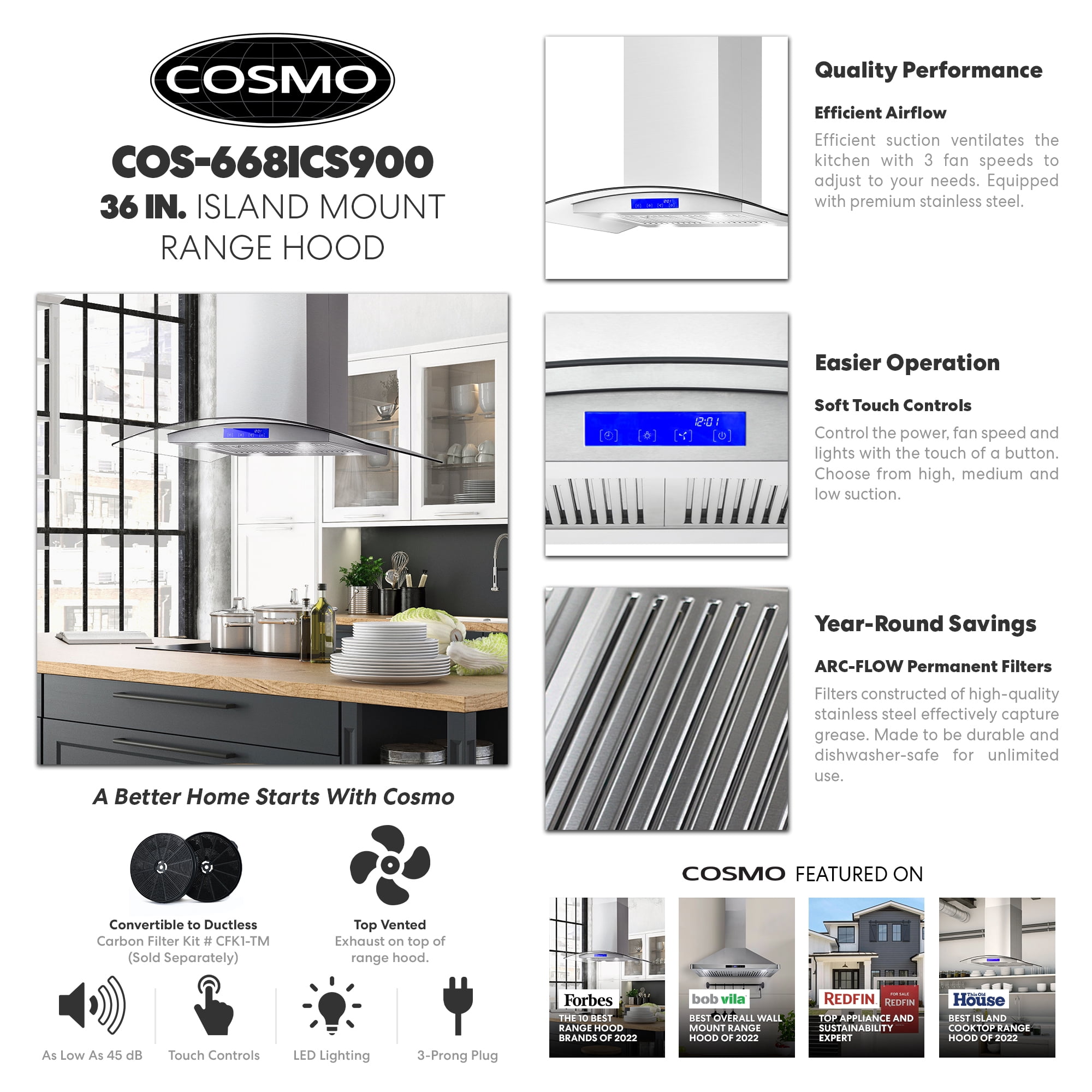 Cosmo 36 in. Ductless Island Range Hood in Stainless Steel with LED Lighting and Carbon Filter Kit for Recirculating
