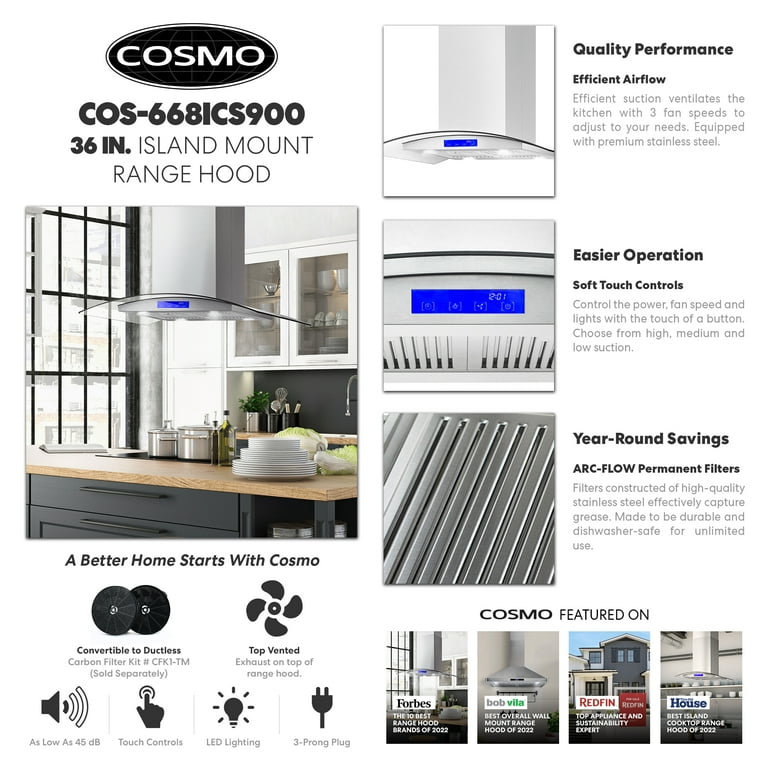 Cosmo 36 in. Ducted Island Range Hood in Stainless Steel with LED Lighting and Permanent Filters