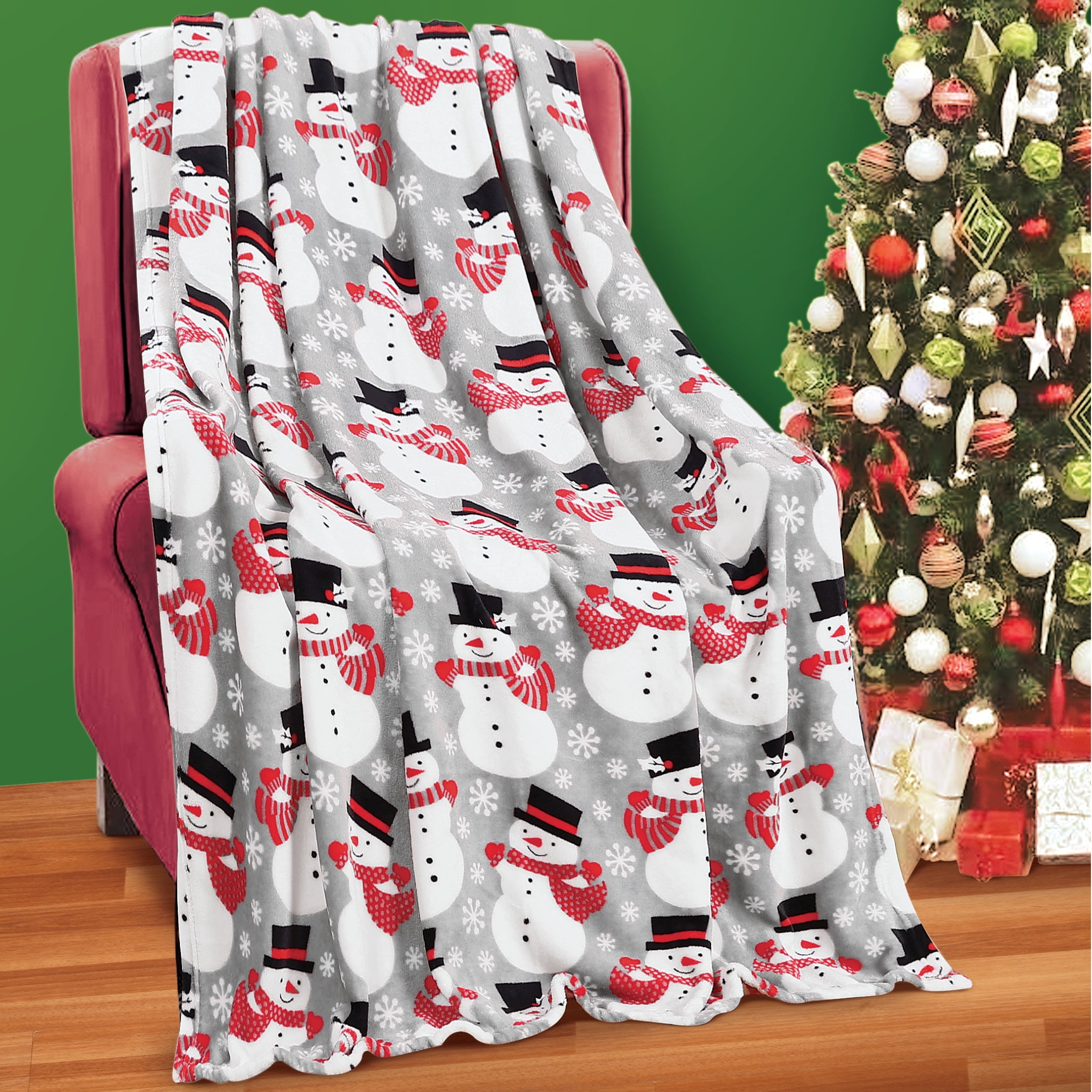 Happy Snowman Decorative Soft Fleece Throw Blanket Grey Holiday