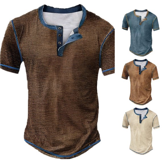 ZXLBBD Men T Shirts Patchwork Color Retro 4 Button Open Placket Short Sleeved Vintage Shirt Comfort Loose Fashion Clothes Casual Outdoor T-Shirt,Brown,3XL