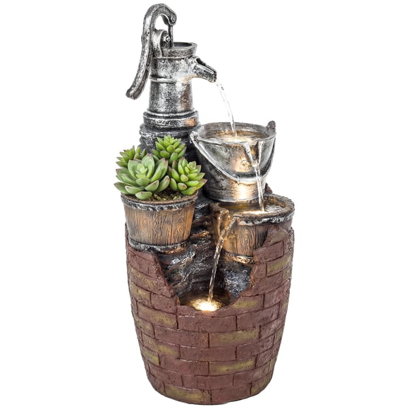 Outsunny Outdoor Fountain with 4-Tier Jugs, Garden Fountain with LED Lights
