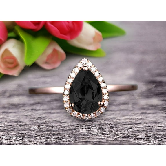 1.25 Carat Pear Shape Gemstone Black Diamond Moissanite Engagement Ring Handmade Solid 10k Rose Gold Promise Ring Anniversary Ring Halo
