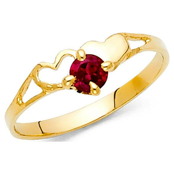 14k Yellow Gold Red CZ Heart Ring Love Band Two Hearts Together Polished Finish Fancy Size 7
