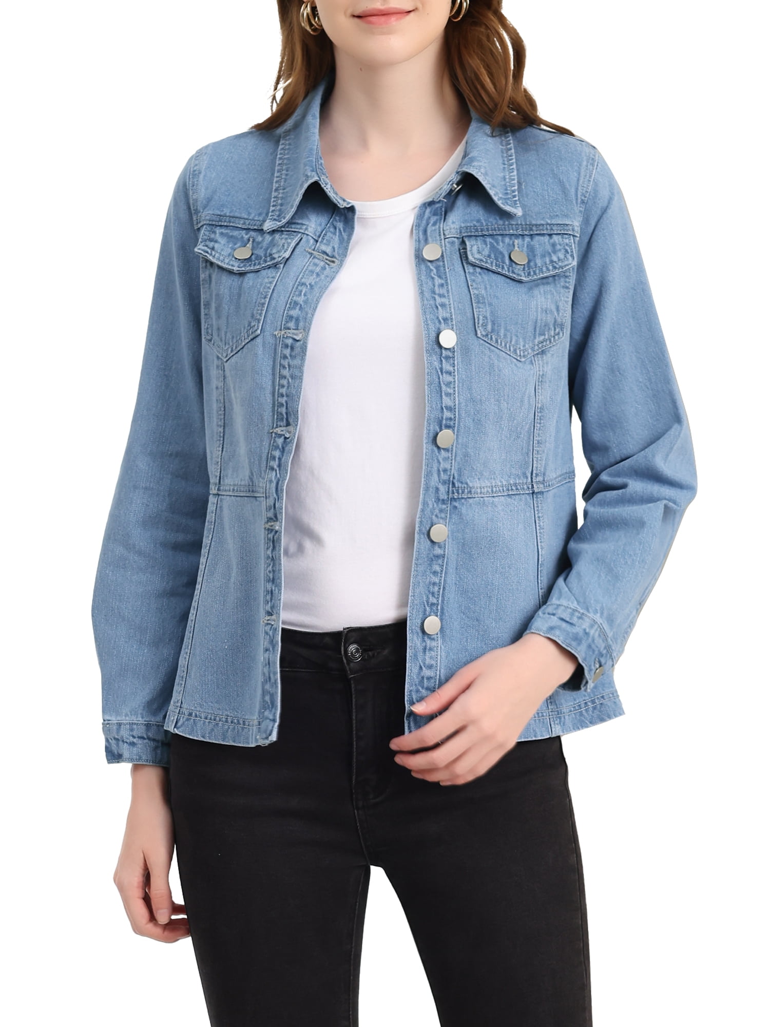 Unique Bargains Women's Vintage Jean Long Sleeve Button Denim Jacket Light Blue M