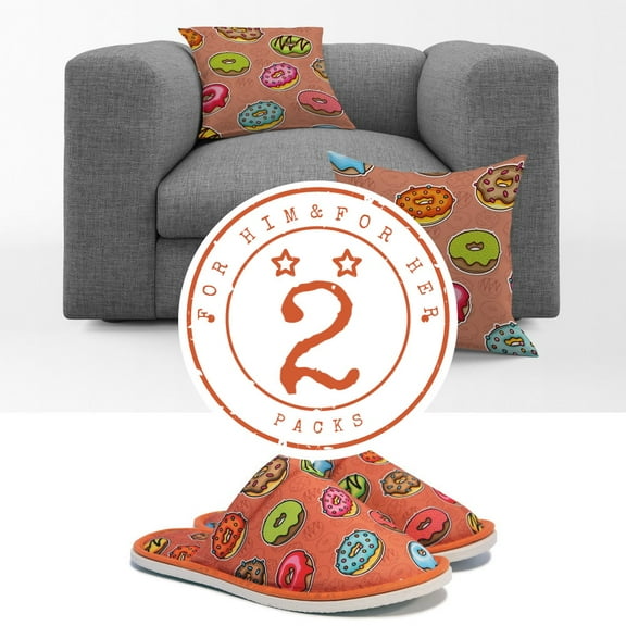 Slippers Pack for Her Donut Slippers and Pillow Case Pack Home Decor Graphic Pillow Cases Cushion Cover Lightweight Silent Walk
