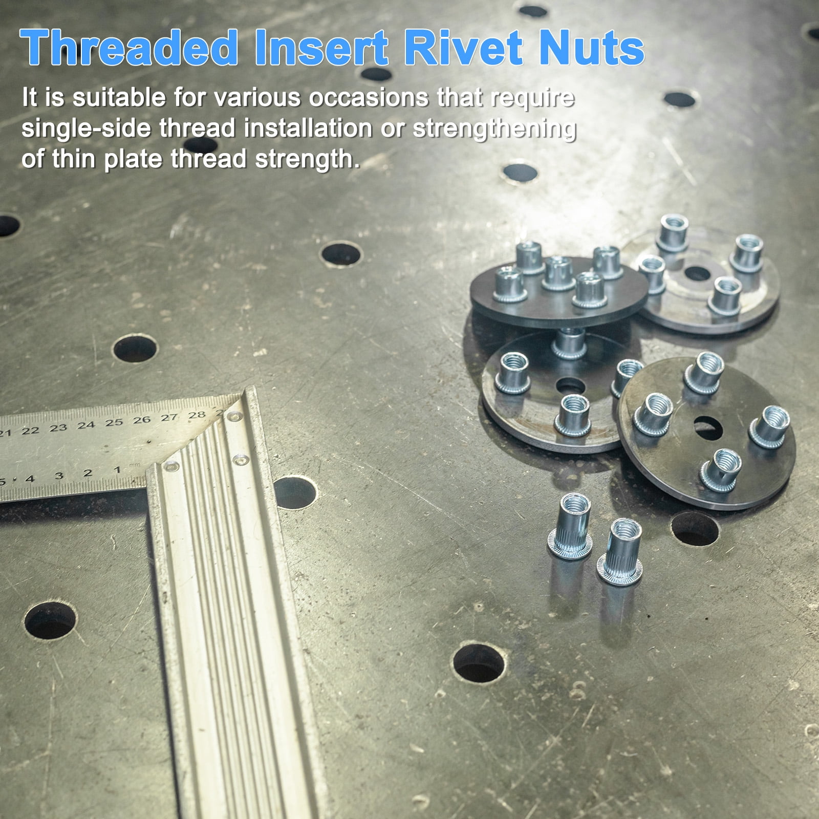 Uxcell 20-Pack 1/2"-13 UNC Rivet Nuts, Carbon Steel Knurled Flat Head Threaded Insert Nuts White Zinc-Plating Knurled Rivet Nuts