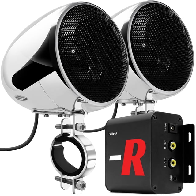 GoHawk TN4-R 4" Waterproof Motorcycle Bluetooth Speakers Stereo Amplifier Audio System Harley Touring Cruiser ATV 4-Wheeler FM Radio Chrome