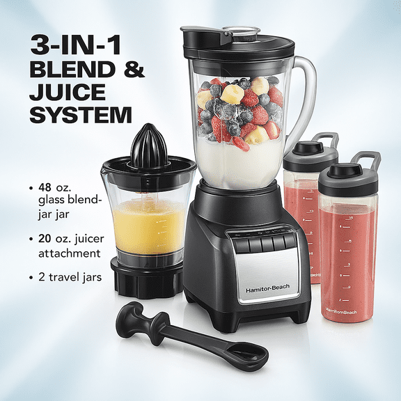 Hamilton Beach 3-in-1 Blend & Juice System (Glass Jar   Juicer   2 Travel Jars)