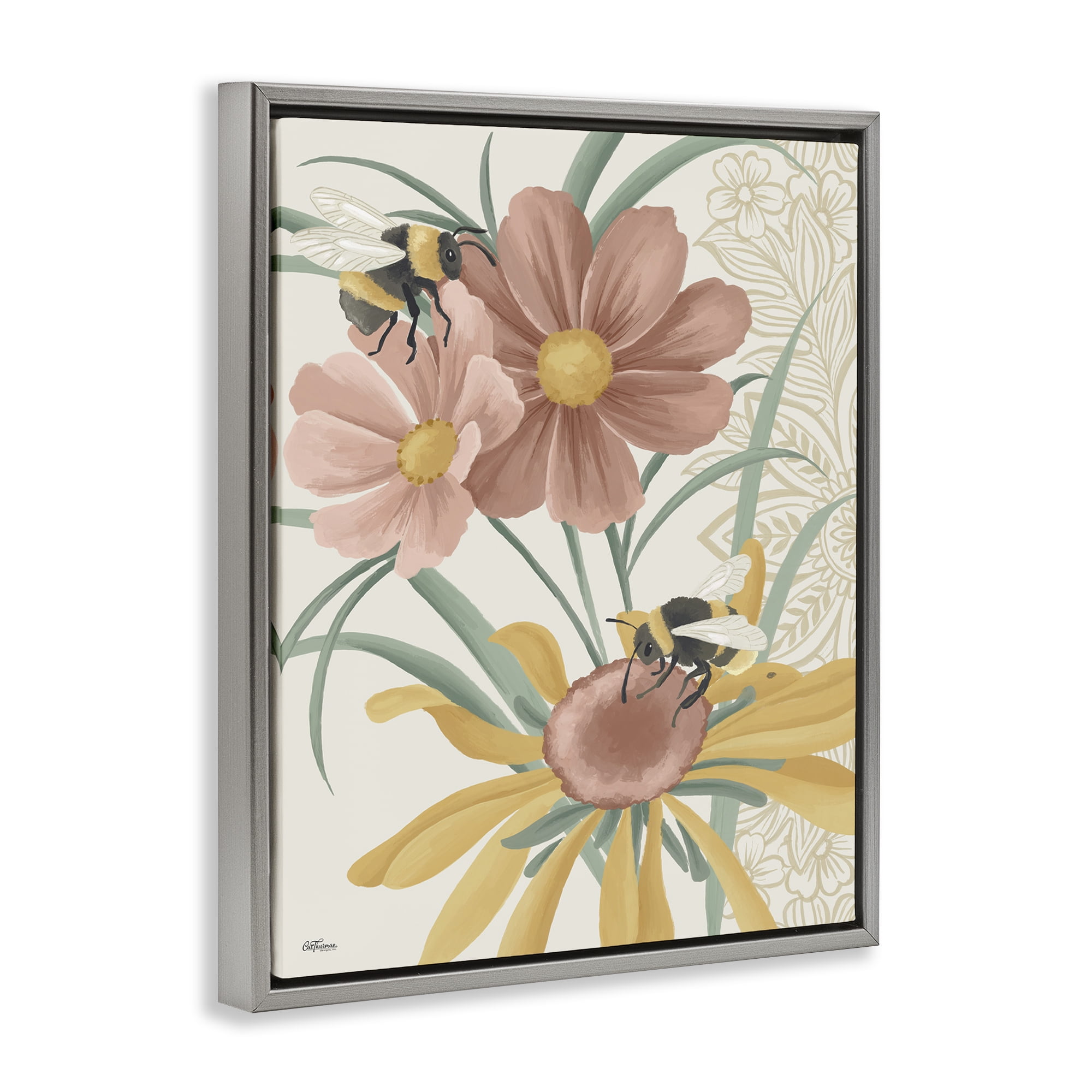 Stupell Industries Pollinating Bumble Bees Botanical & Floral Painting Gray Floater Framed Art Print Wall Art, 17 x 21