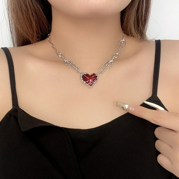 Qonioi Dark Red Heart Pendant Ghost Claw Necklace, Gothic Punk Jewelry Accessory for Women Men, Valentine's Day Gift Statement Neckwear for Casual Formal Outfits