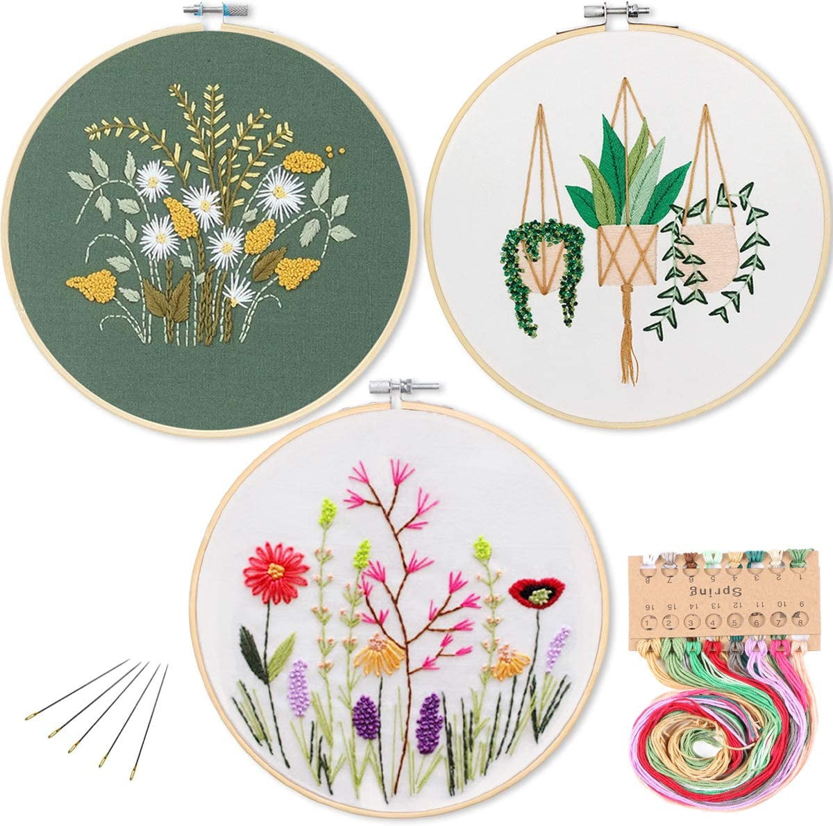 Embroidery Kit for Beginners,Flower Embroidery Starter Kits Modern Floral Stitching Set DIY Plant Craft Gift with Clothes 3 Pack Floral Instructions,Hoops,Needles and Color Threads for Adults Kids 