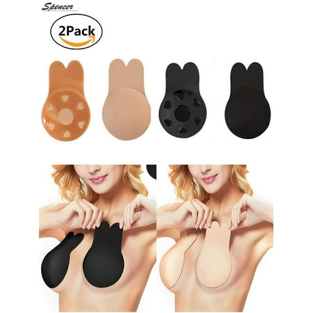Spencer 2Pairs Rabbit Ear Women s Strapless Push Up Backless Bra Self Adhesive Invisible Bra Silicone Sticky Nipple Covers Breathable Lifting  Black&Beige  Cup DD