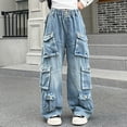 thumbnail image 2 of Gubotare Girls Ripped Jeans Girls Baggy Jeans Straight Wide Leg Cargo Jeans Casual Elastic Waist Loose Fit Denim Pants Streetwear with Pockets Size 9-10 (Blue,9-10 Years), 2 of 9