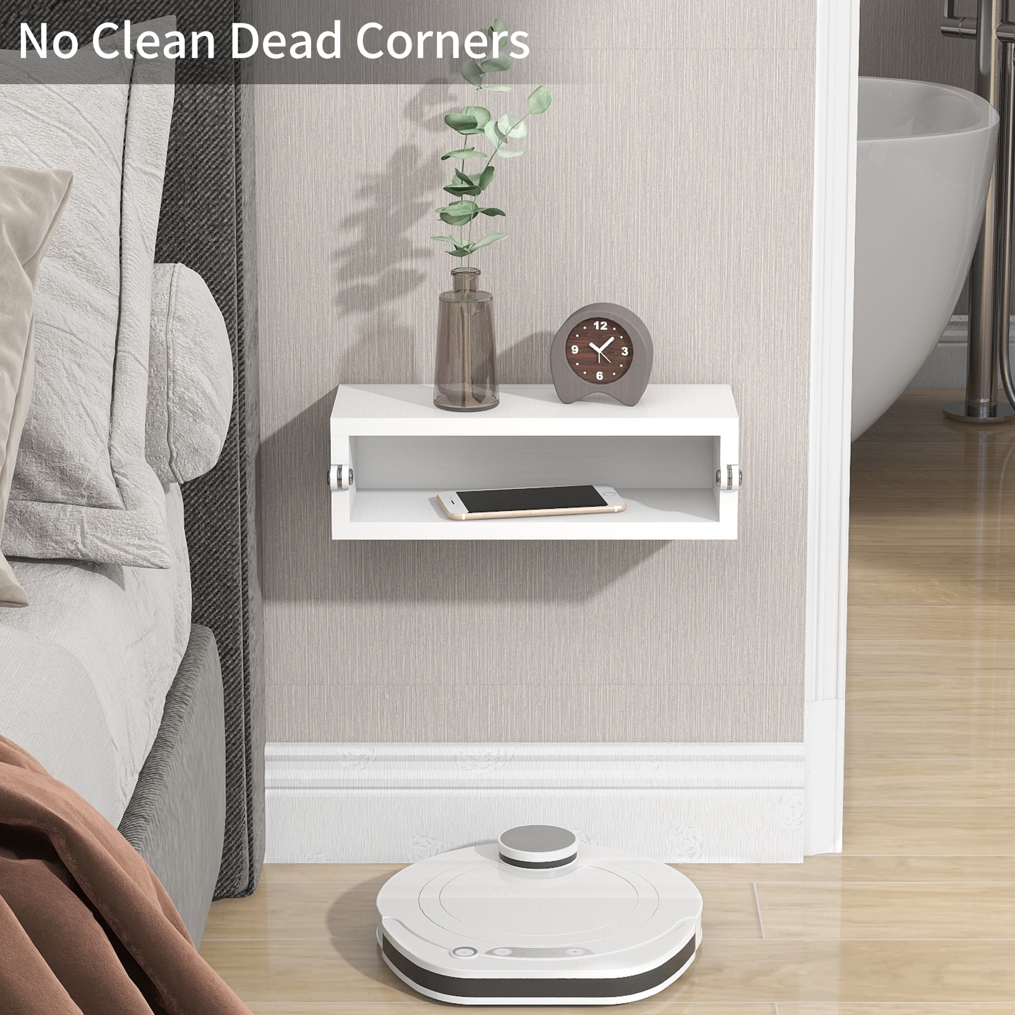 SUMGAR Floating Nightstand White Modern Bedside Table Organiser Fully Assembled Shelf Small Spaces Wall Mounted Storage Wood Furniture for Bedroom Home Decor 13 Inch Wide