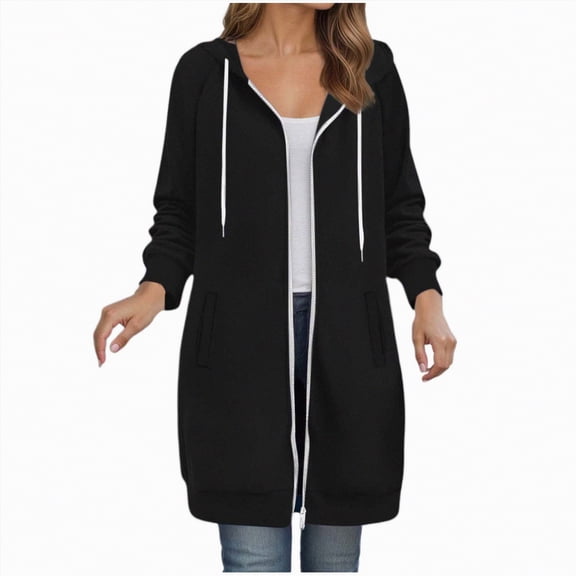 UngA Long Hoodies for Women Oversized Fleece Long Sleeve Sweatshirts Casual Fall Jacket Coat with Pocket Womens Zip Up Hoodies (Black,L)