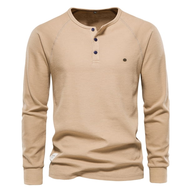 Camiseta de manga larga para hombre, color liso, diseño con cuello, corte holgado, poliéster, prenda informal para otoño-invierno
