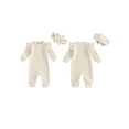 thumbnail image 3 of Aojekbee Baby Girl Fall Waffle Romper Solid Color Ruffled Long Sleeves Round Neck Full Length Jumpsuit with Bow Headband, 3 of 10
