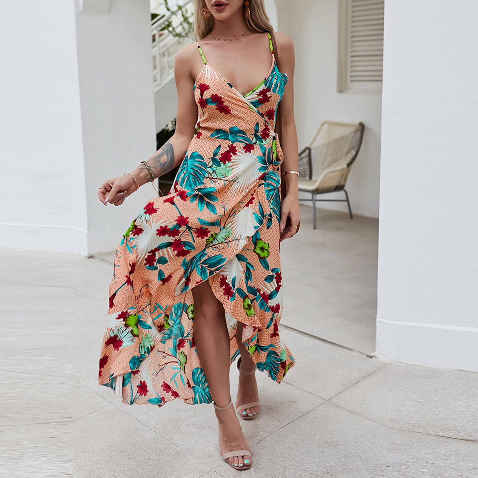 sexy deep v collar strap sleeveless irregular vacation dress
