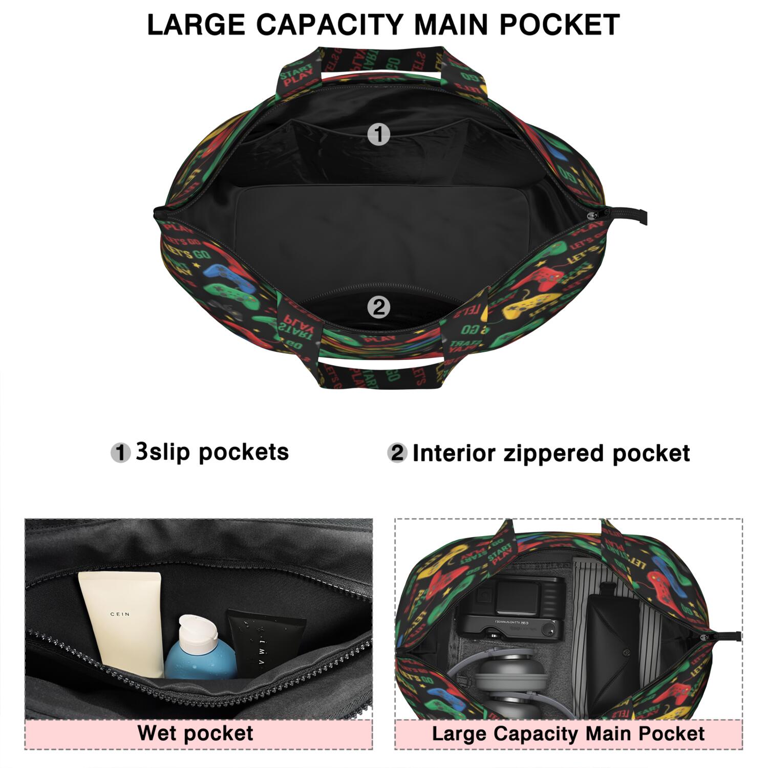 Colorful Controllers Games Icons Black Pattern Travel Tote Bags for Women Carry On,Large Weekender Bags for Women Travel,Multi Functional Duffle Bag for Work,Shopping,Sports