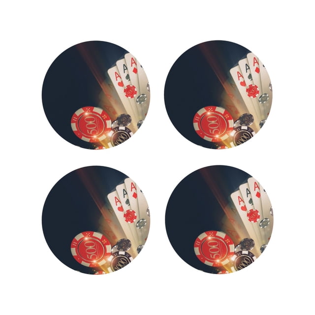 Fotbe Casino Poker Chips Drawing Drink Coasters Set of 4 Leather Coasters Spill Protection for Table Desk,Durable and Non Slip Leather Coaster ,4 Inches Drink Mats-Round Shape