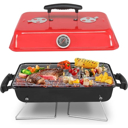 20'' Portable Charcoal Grill with Handle, Metal Compact Tabletop BBQ Grill with Thermometer, Outdoor Cooking Barbecue for Camping, Travel, Picnic & Patio Use 20.9L x 10.6W x 10.8H inch