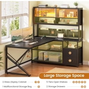 SEDETA L Shaped Gaming Desk, Home Office Computer Desk with 2 Drawer and Bookshelf, L Shaped Gaming Desk with LED Light, Glass Cabinet and Storage Bag, Corner Desk with Storage Shelves, Black