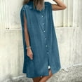 thumbnail image 3 of Lovskoo Womens Cotton Linen Dress Summer Casual Mini Sleeveless Button Down Shirt Dress Shoulder Drawstring Loose Beach Cover Up Dress Dark Blue, 3 of 7
