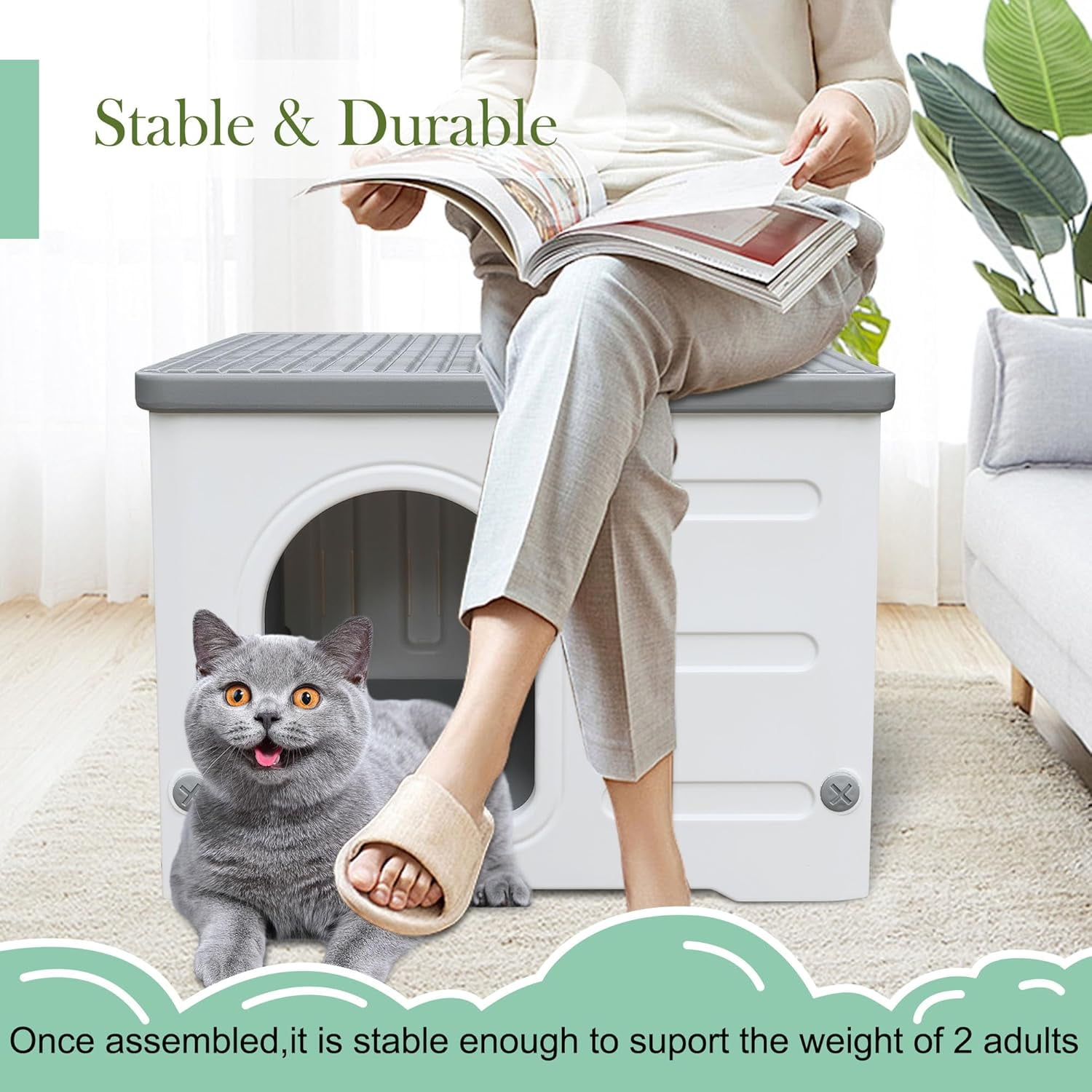 Waterproof Outdoor Cat House, Plastic Cat House for Outdoor Cats Feral Cat House, Sturdy Cat Bed for Small Pet, Spacious, Assemble Easily-Grey
