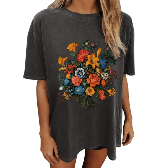 T Shirts for Women Women's Floral Pattern Short Sleeved Round Neck Drop Shoulder Sleeve T-Shirt Top