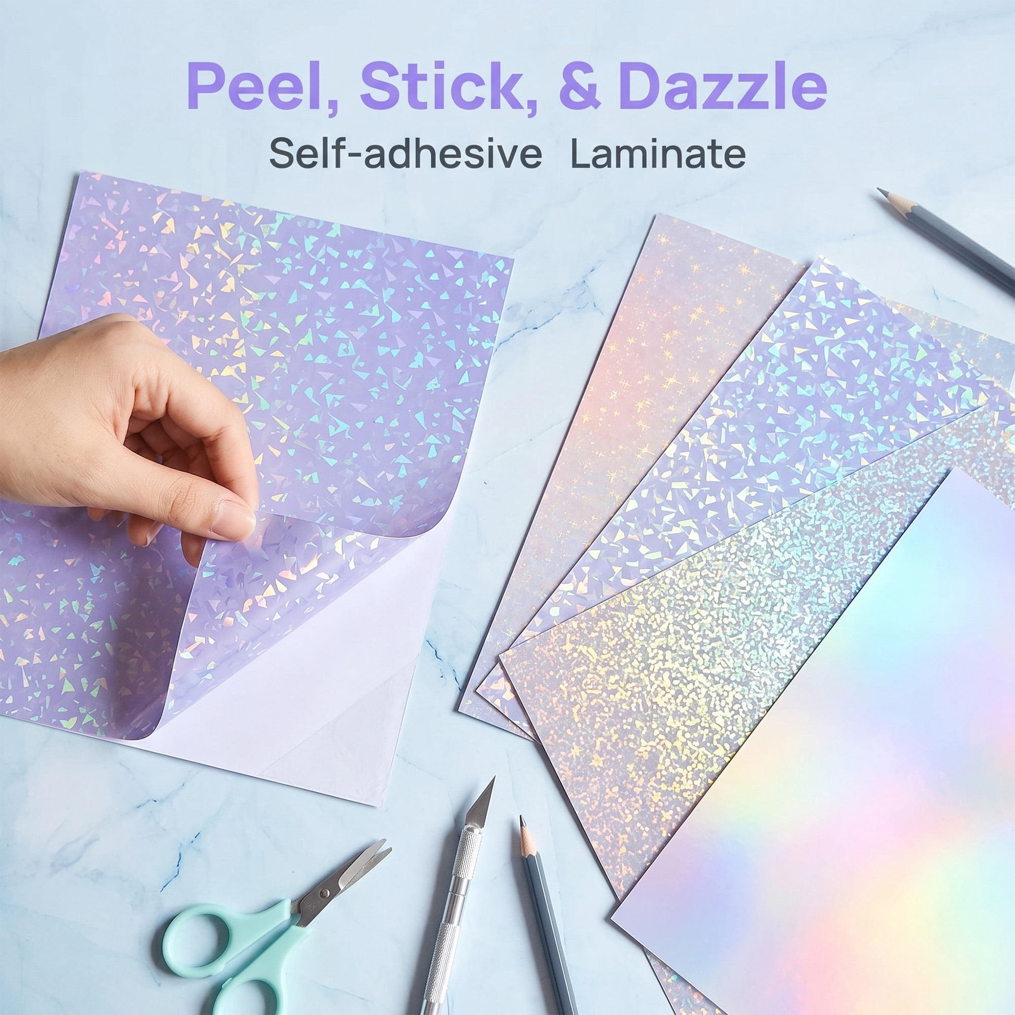 36 Pcs Holographic Laminate Sheets, Holographic Sticker Paper A4, 4 Patterns Star Dot Glass Crushed Clear