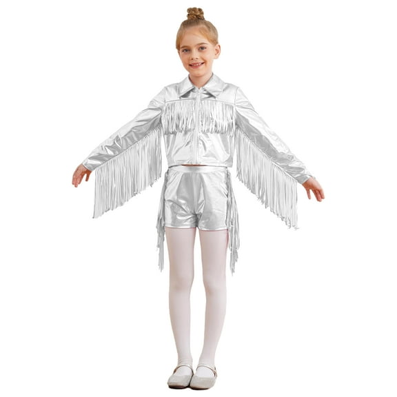 YiZYiF Girls Sequins Tassels Dance Outfits Metallic Zipper Jacket with Shorts Hip Hop Clothes Kids Silver 10