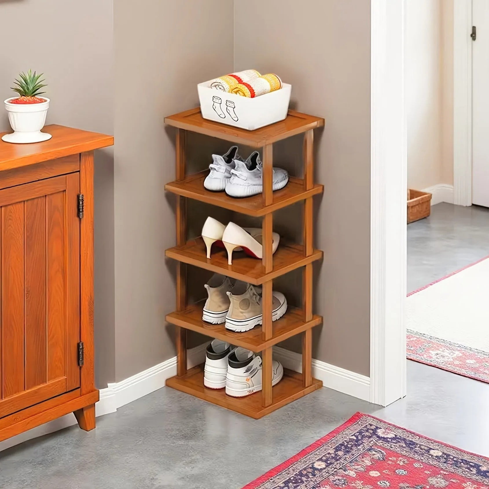 51"H Large Vertical Shoe Rack Organizer, Space Saving Corner Shoe Shelf Tower for Closet Entryway Garage, Brown