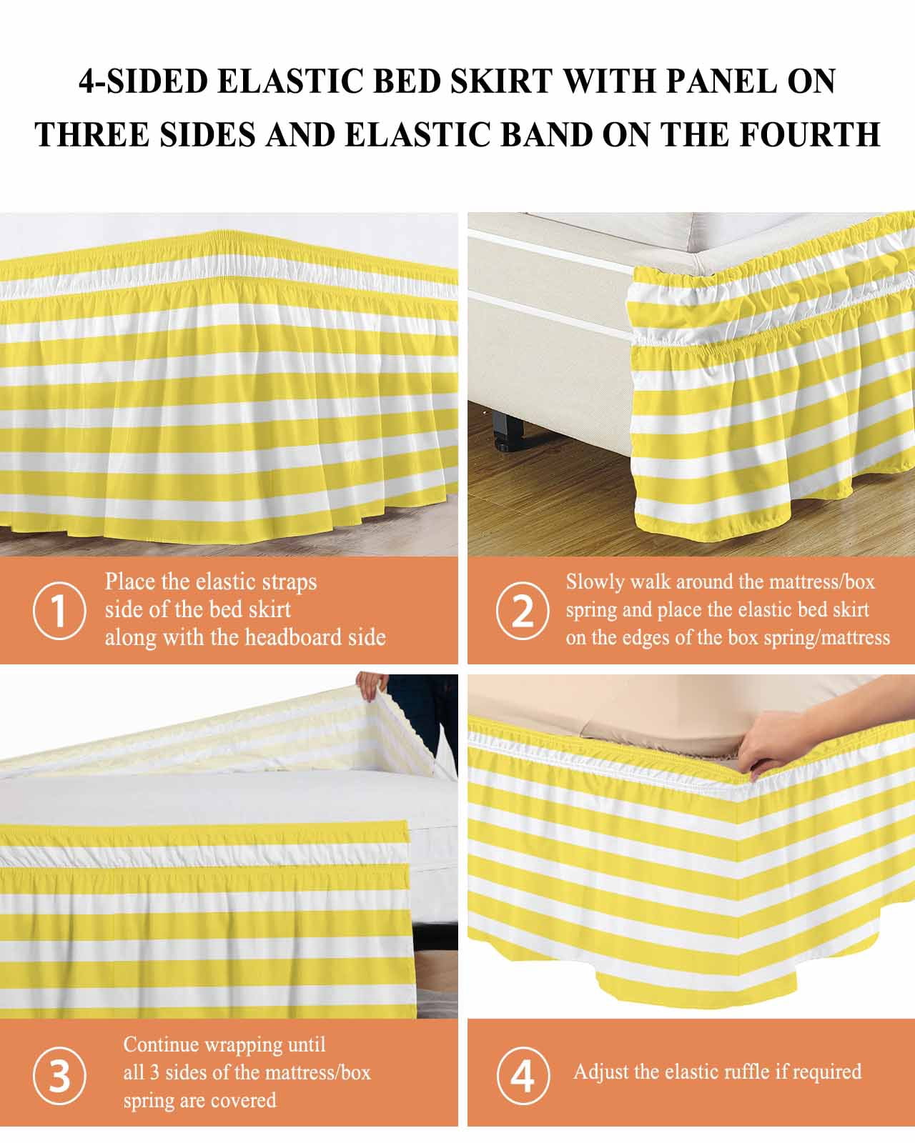 Yellow Striped Wrap Around Bed Skirts for Queen Bed 16" Drop,Bed Skirt with Adjustable Elastic Belt Dust Ruffle Bed Valance for Bedroom Hotel Modern Simple Monochrome Geometric White Bed Frame Cover