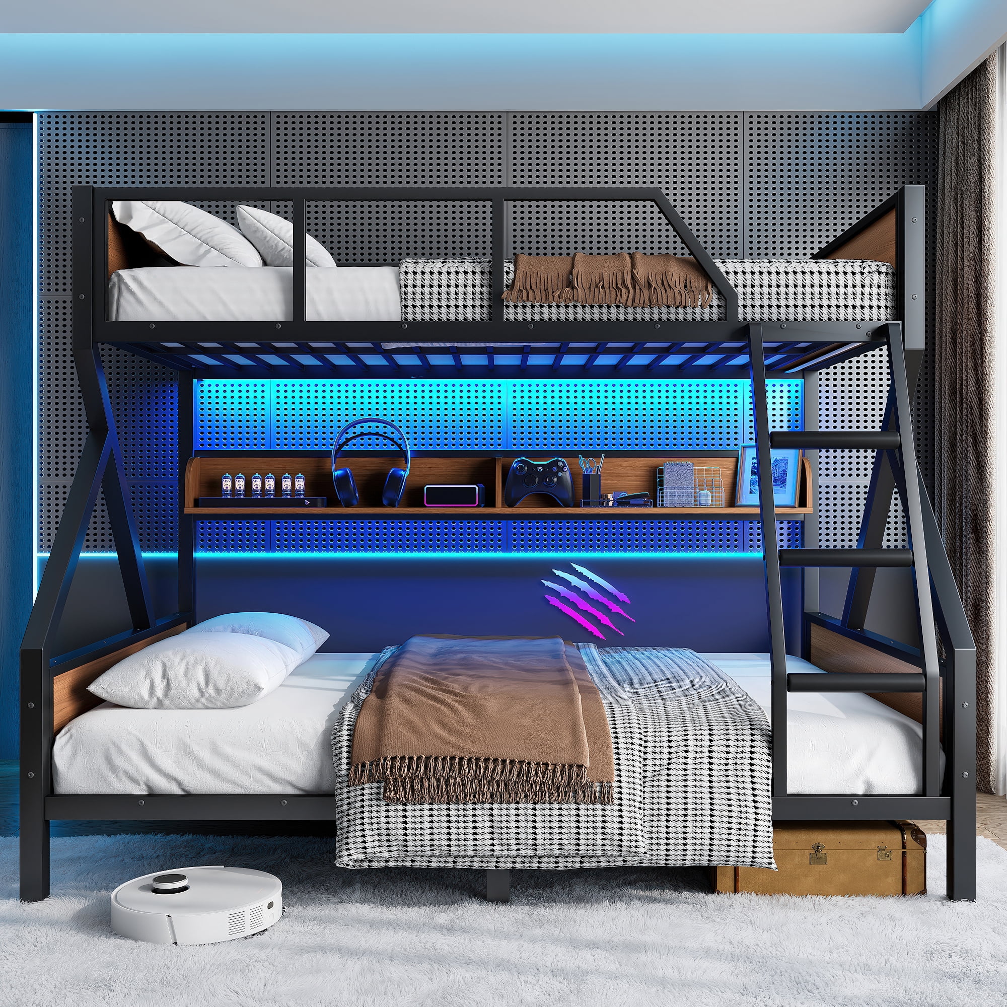 Mintazer Full Over Queen Metal Bunk Bed with Storage Shelves & LED Light Strip, Bunk Bed Frame with Ladder & Guardrails, Black