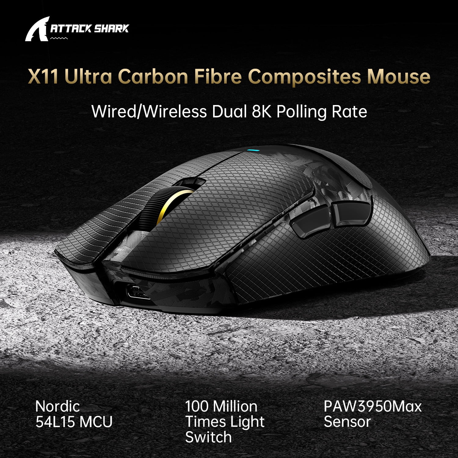 ATTACK SHARK X11 ULTRA Wireless Gaming Mouse, Tri-Mode 2.4G/BT/USB-C, PAW3950MAX, 42000 DPI, Grip Tape, PC/Mac Compatible, Black